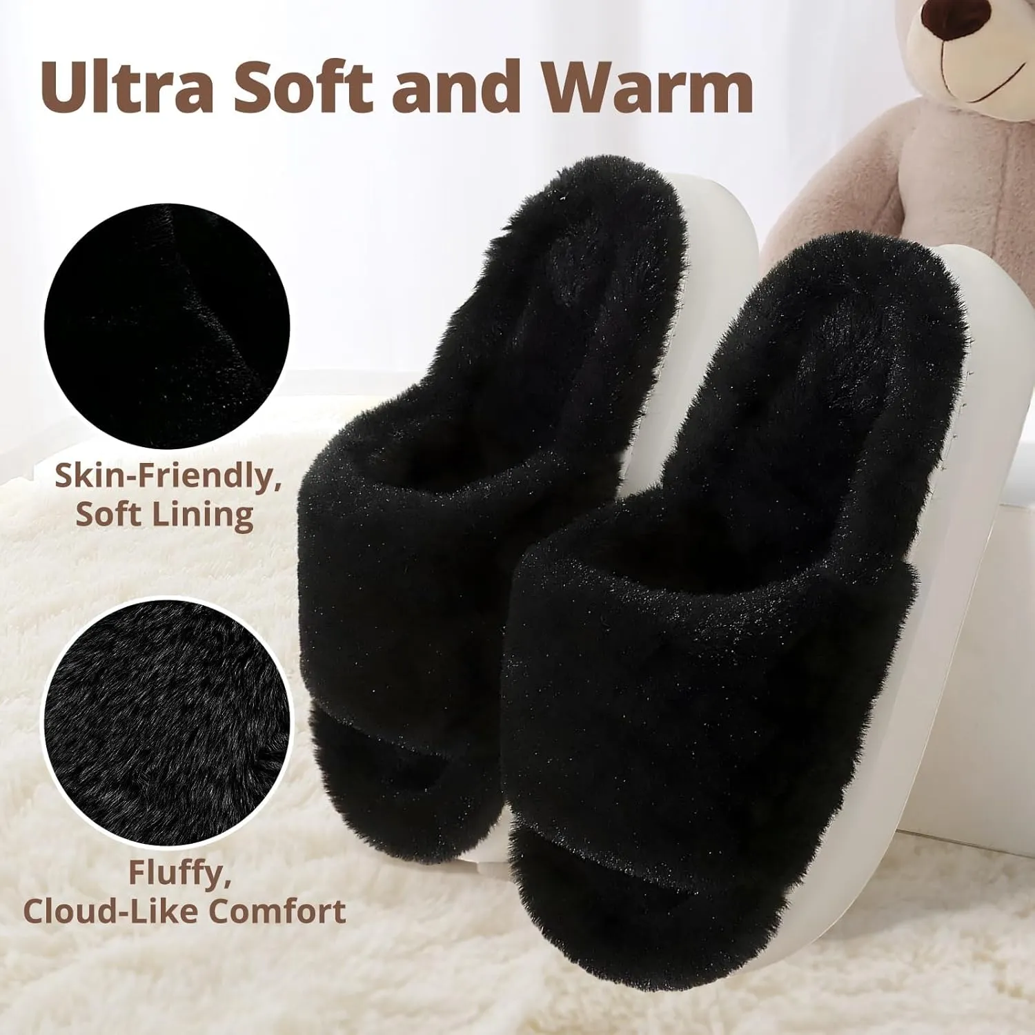 HUXMEYSON Slippers for Women, Fuzzy Faux Fur Memory Foam House Slippers, Flulffy Open Toe Cozy House Shoes Indoor Outdoor Flat Spa Slide Sandals