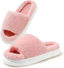 HUXMEYSON Slippers for Women, Fuzzy Faux Fur Memory Foam House Slippers, Flulffy Open Toe Cozy House Shoes Indoor Outdoor Flat Spa Slide Sandals