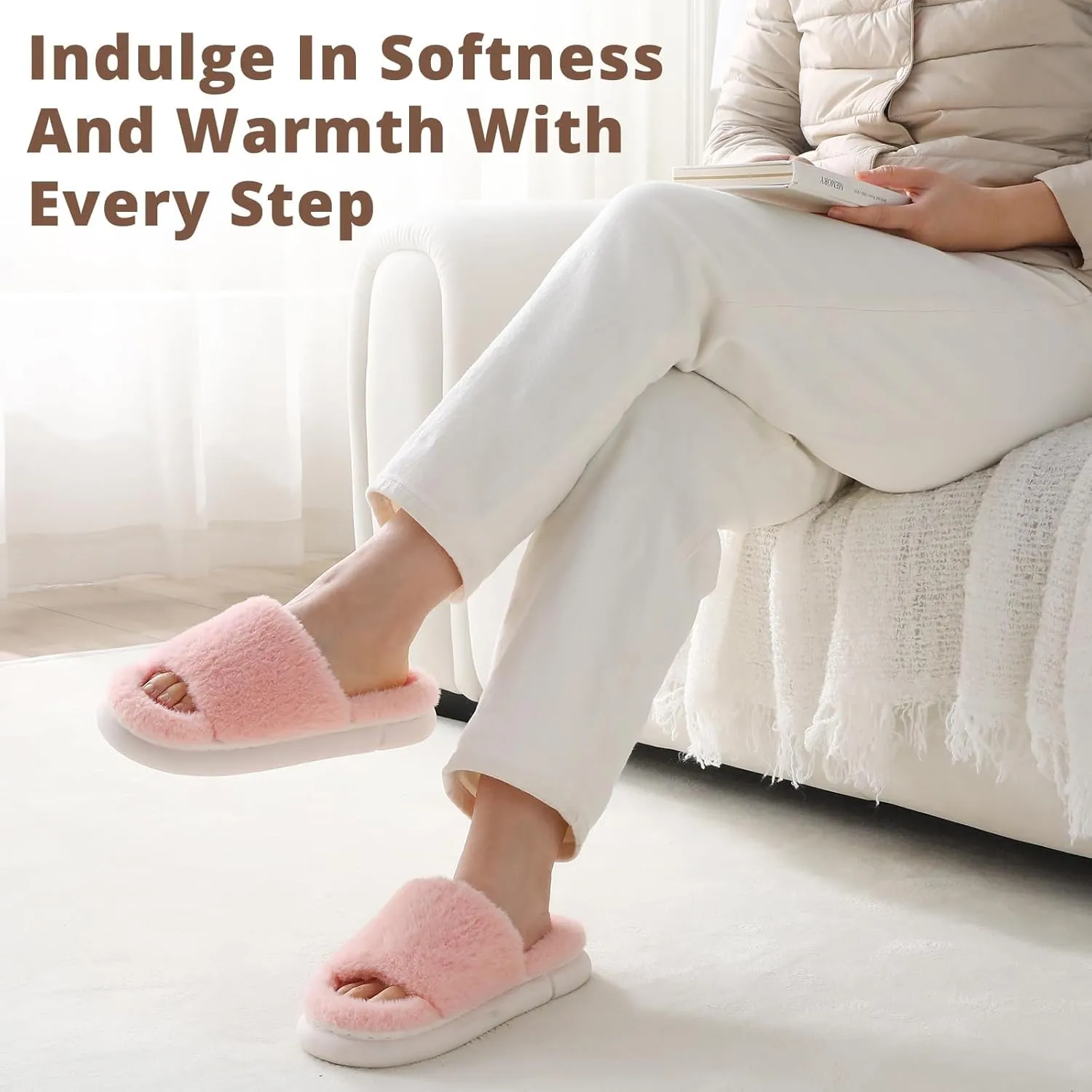 HUXMEYSON Slippers for Women, Fuzzy Faux Fur Memory Foam House Slippers, Flulffy Open Toe Cozy House Shoes Indoor Outdoor Flat Spa Slide Sandals