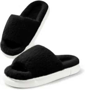 HUXMEYSON Slippers for Women, Fuzzy Faux Fur Memory Foam House Slippers, Flulffy Open Toe Cozy House Shoes Indoor Outdoor Flat Spa Slide Sandals