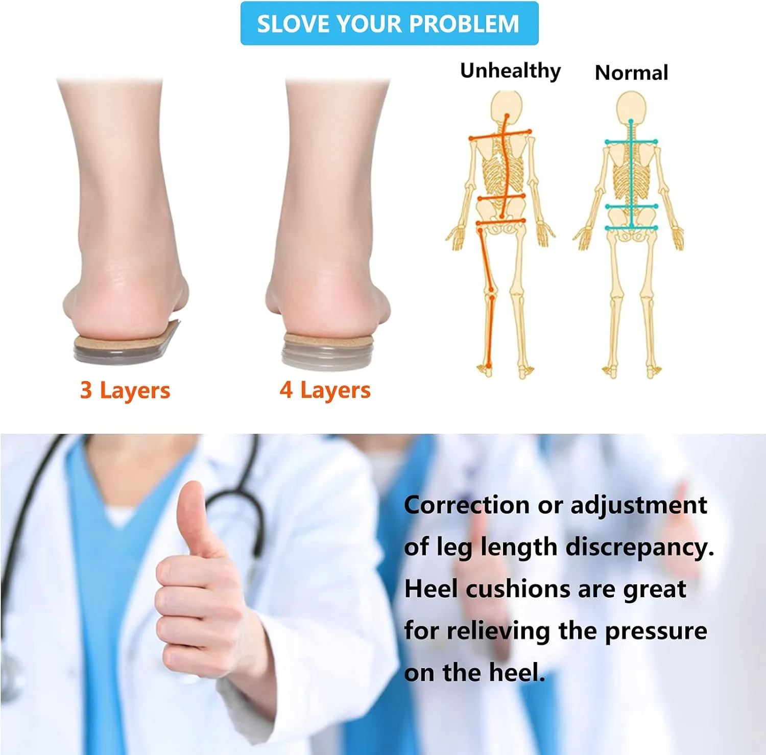 JUMPOW Heel Lifts for Leg Length Discrepancy, 4 Layers, Adjustable Orthopedic Shoe Heel Lift, Height Increase Insole, Heel Spurs, Achilles Tendonitis, Heel Pain, Heel Cushion Inserts for Women & Men