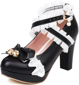 Kawii Shoes Bow Pearl Heels Lolita Platform Heels for Women Lace Cute Mary Janes Pumps