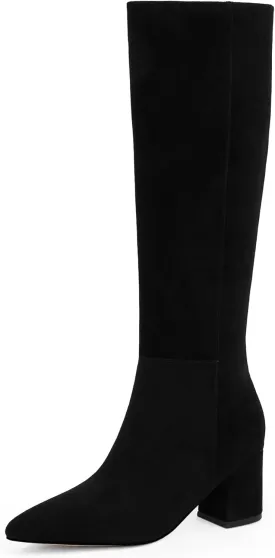 Knee High Boots for Women Chunky Heel Pointed Toe Boots Side Zipper Long Boots
