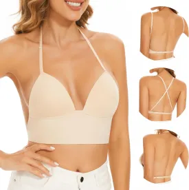 Low Back Bras for Women-Seamless Bralette Wireless Triangle Invisable Backless Bra-Low Cut Strappy Open Back Halter Bra