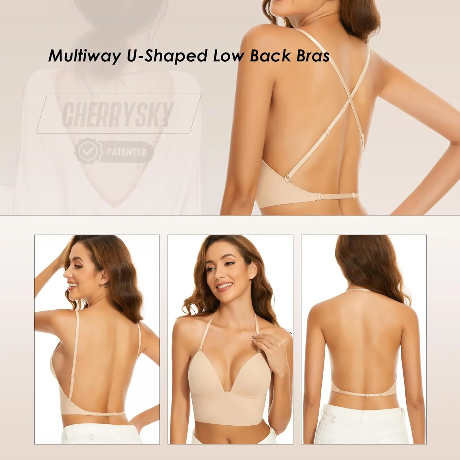 Low Back Bras for Women-Seamless Invisiable Backless Bras-Wireless Triangle Bralette Low Cut Open Back Multiway Halter Bra