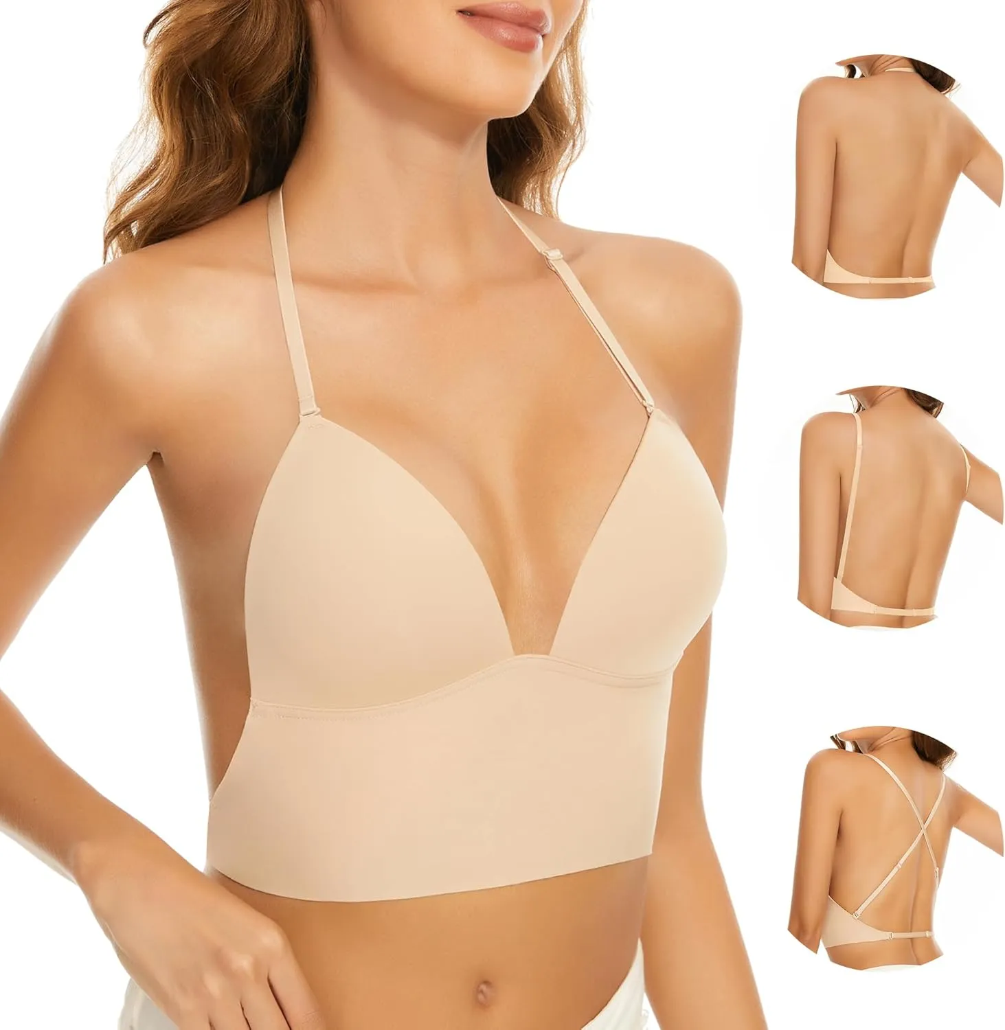 Low Back Bras for Women-Seamless Invisiable Backless Bras-Wireless Triangle Bralette Low Cut Open Back Multiway Halter Bra