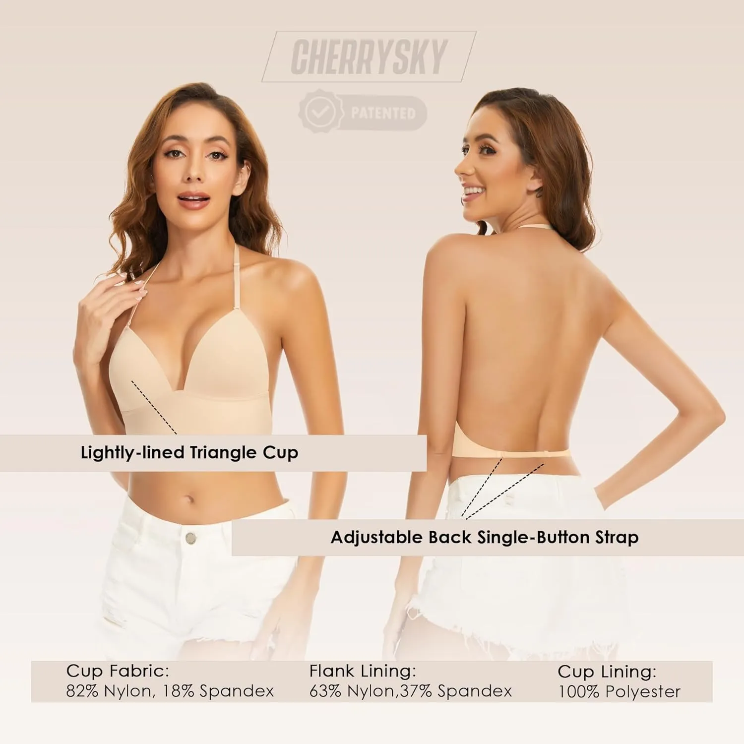 Low Back Bras for Women-Seamless Invisiable Backless Bras-Wireless Triangle Bralette Low Cut Open Back Multiway Halter Bra