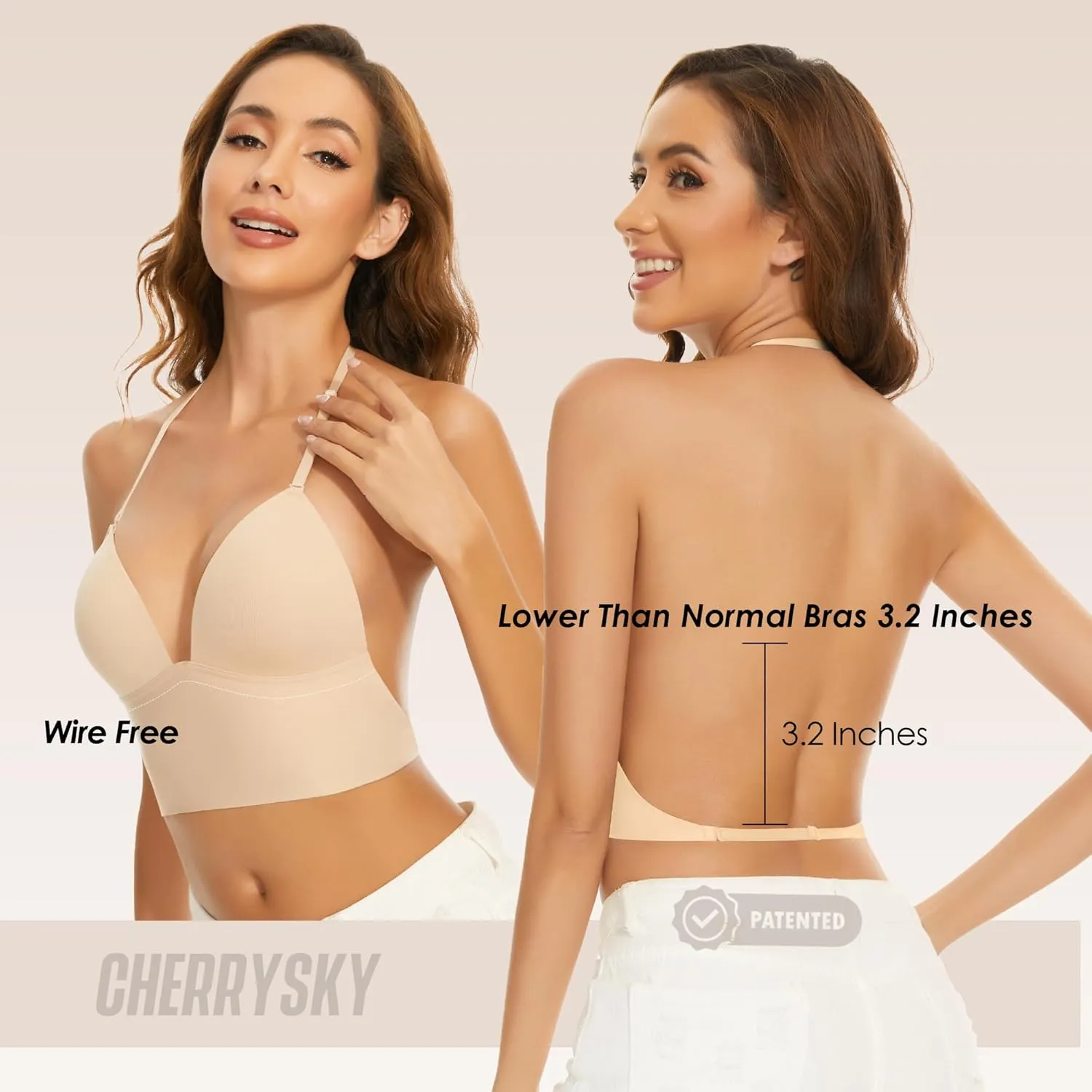 Low Back Bras for Women-Seamless Invisiable Backless Bras-Wireless Triangle Bralette Low Cut Open Back Multiway Halter Bra