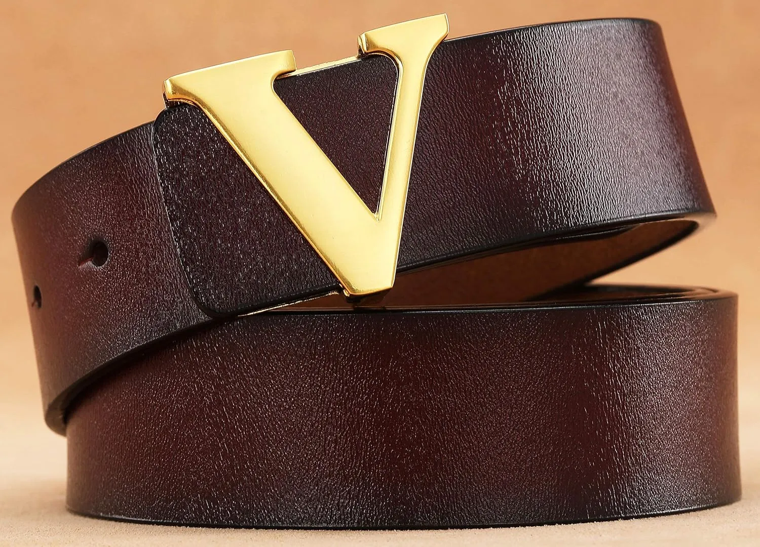 Men's Classic Gold/Silver V-Buckle Design Soft Calfskin Belt