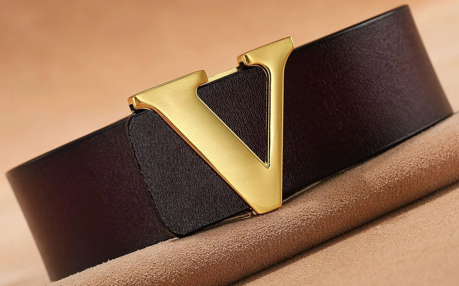Men's Classic Gold/Silver V-Buckle Design Soft Calfskin Belt