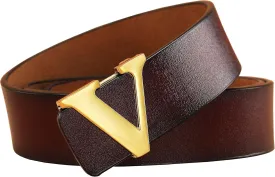 Men's Classic Gold/Silver V-Buckle Design Soft Calfskin Belt