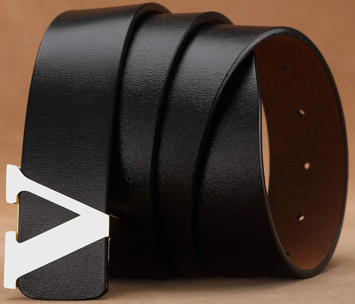 Men's Classic Gold/Silver V-Buckle Design Soft Calfskin Belt