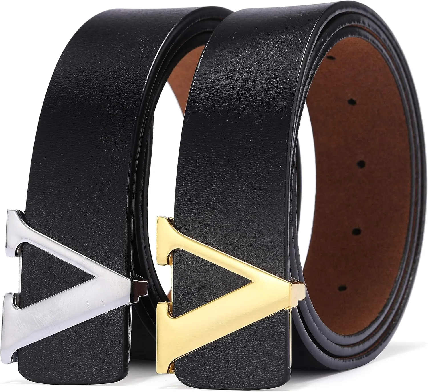 Men's Classic Gold/Silver V-Buckle Design Soft Calfskin Belt