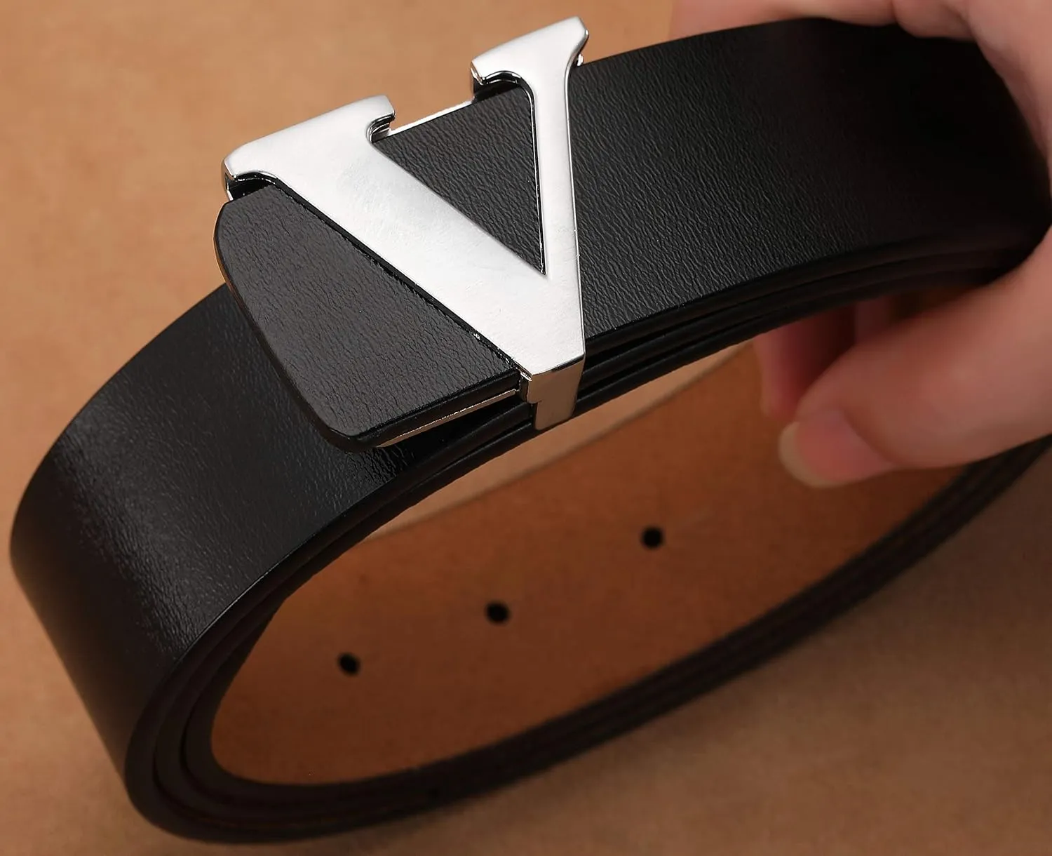 Men's Classic Gold/Silver V-Buckle Design Soft Calfskin Belt