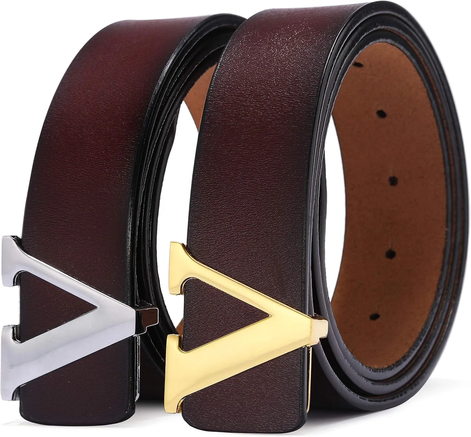 Men's Classic Gold/Silver V-Buckle Design Soft Calfskin Belt