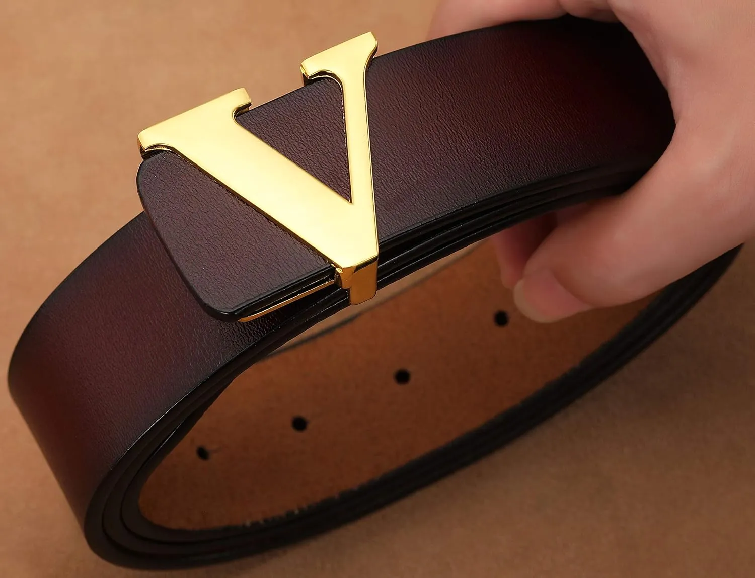 Men's Classic Gold/Silver V-Buckle Design Soft Calfskin Belt