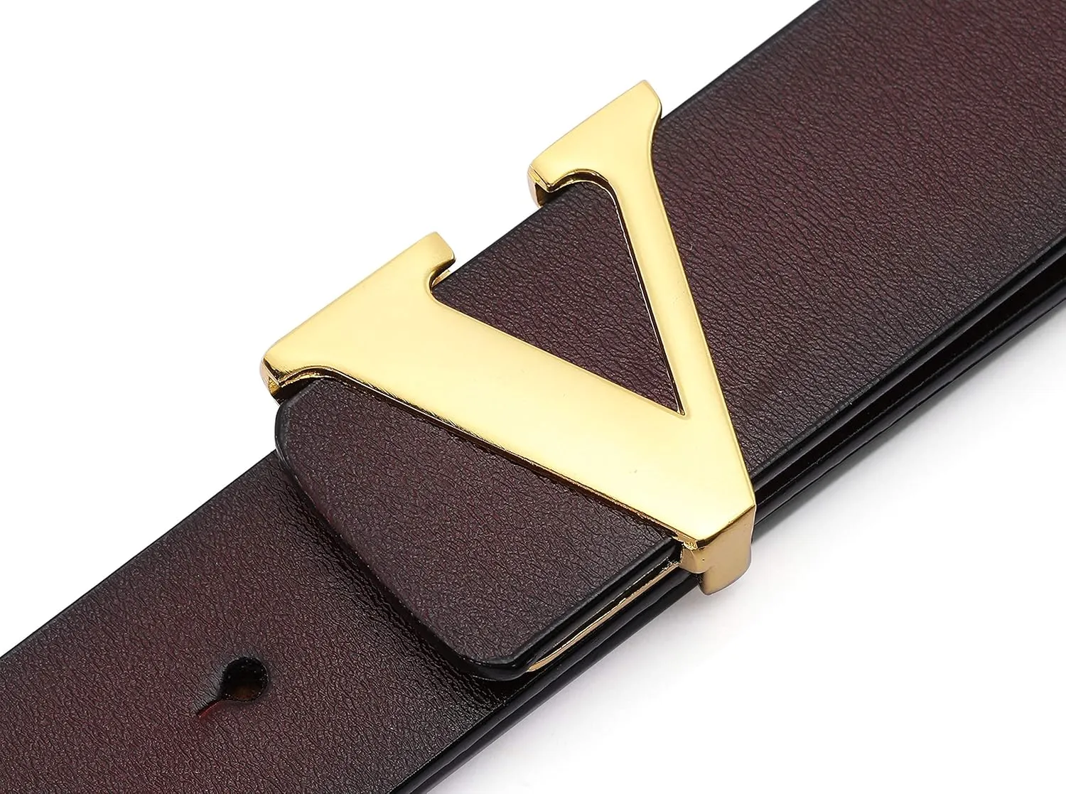 Men's Classic Gold/Silver V-Buckle Design Soft Calfskin Belt