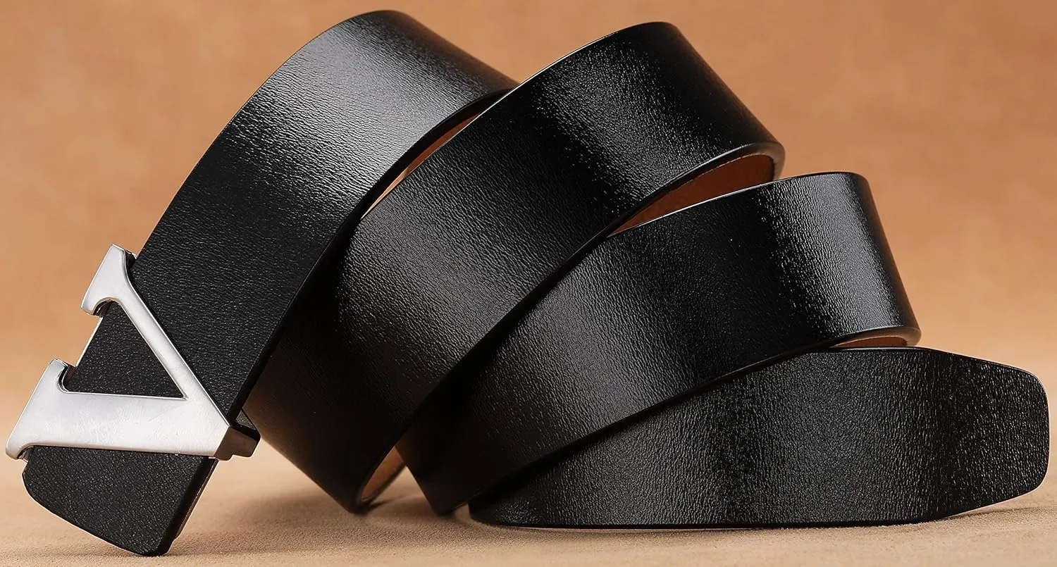 Men's Classic Gold/Silver V-Buckle Design Soft Calfskin Belt
