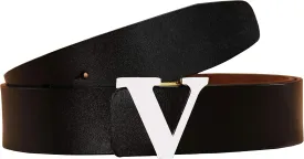 Men's Classic Gold/Silver V-Buckle Design Soft Calfskin Belt