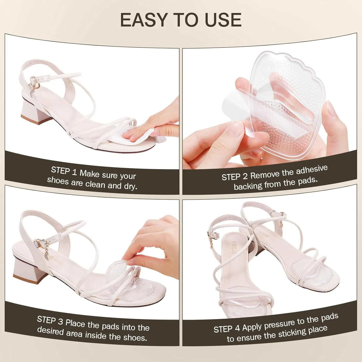 Metatarsal Pads Women, Gel Ball of Foot Cushions for Pain Relief in Shoes, Non-Slip Heel Inserts, One Size Fits All (2 Pairs, Clear)