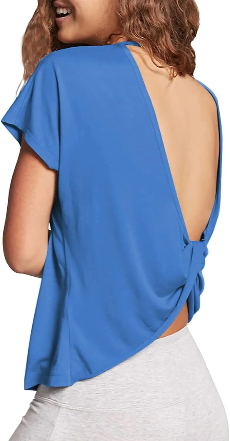 Mippo Womens Open Back Workout Tops Loose Short Sleeve Athletic Gym T Shirts