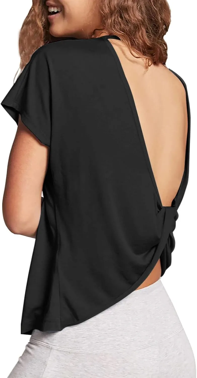 Mippo Womens Open Back Workout Tops Loose Short Sleeve Athletic Gym T Shirts