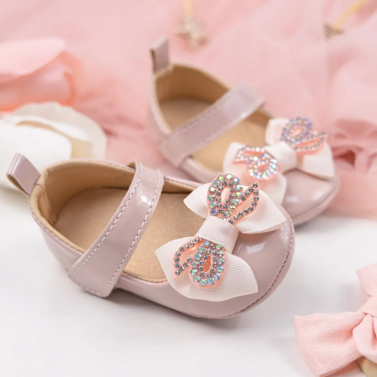 Oamico Infant Baby Girls Mary Jane Flats Non Slip Rubber Sole with Bownot Toddler First Walkers Princess Wedding Dress Shoes