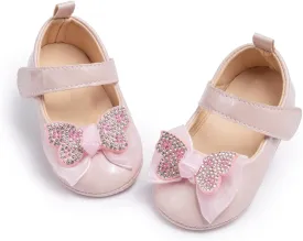 Oamico Infant Baby Girls Mary Jane Flats Non Slip Rubber Sole with Bownot Toddler First Walkers Princess Wedding Dress Shoes