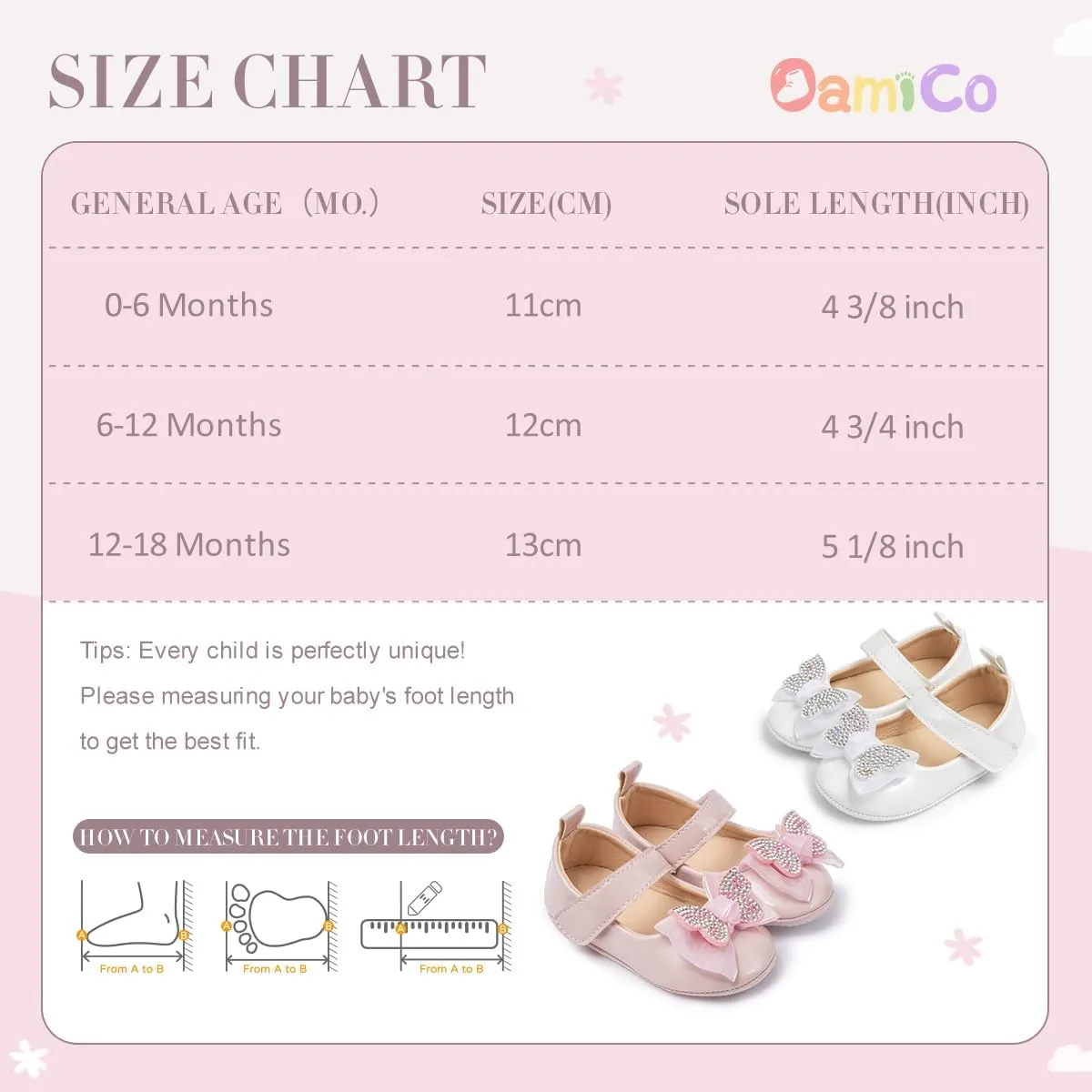 Oamico Infant Baby Girls Mary Jane Flats Non Slip Rubber Sole with Bownot Toddler First Walkers Princess Wedding Dress Shoes