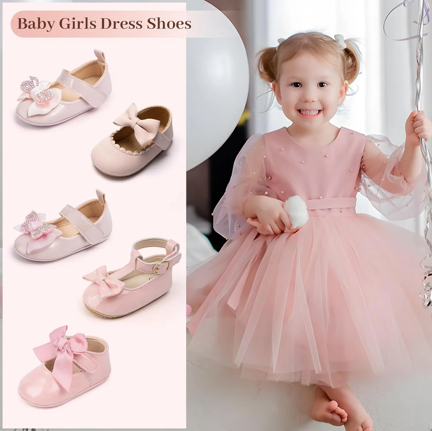 Oamico Infant Baby Girls Mary Jane Flats Non Slip Rubber Sole with Bownot Toddler First Walkers Princess Wedding Dress Shoes