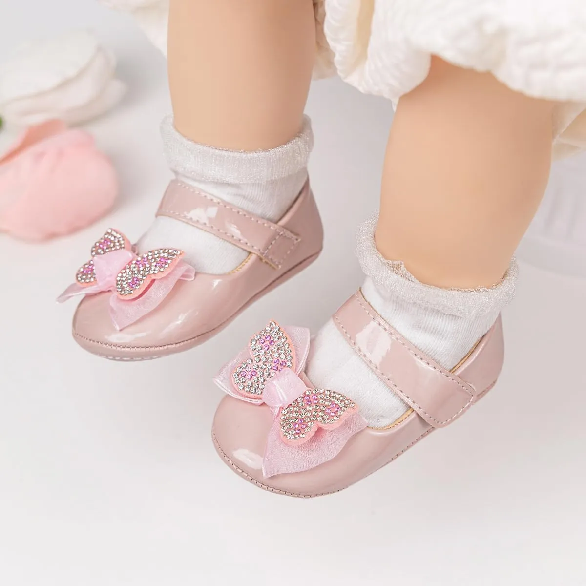 Oamico Infant Baby Girls Mary Jane Flats Non Slip Rubber Sole with Bownot Toddler First Walkers Princess Wedding Dress Shoes