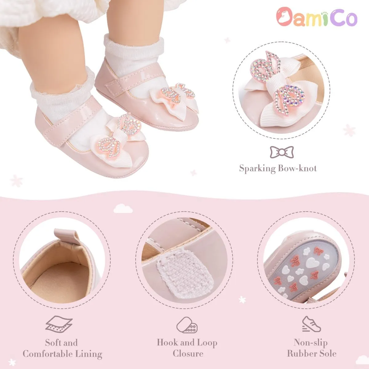Oamico Infant Baby Girls Mary Jane Flats Non Slip Rubber Sole with Bownot Toddler First Walkers Princess Wedding Dress Shoes