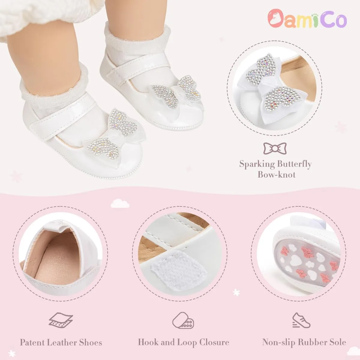 Oamico Infant Baby Girls Mary Jane Flats Non Slip Rubber Sole with Bownot Toddler First Walkers Princess Wedding Dress Shoes