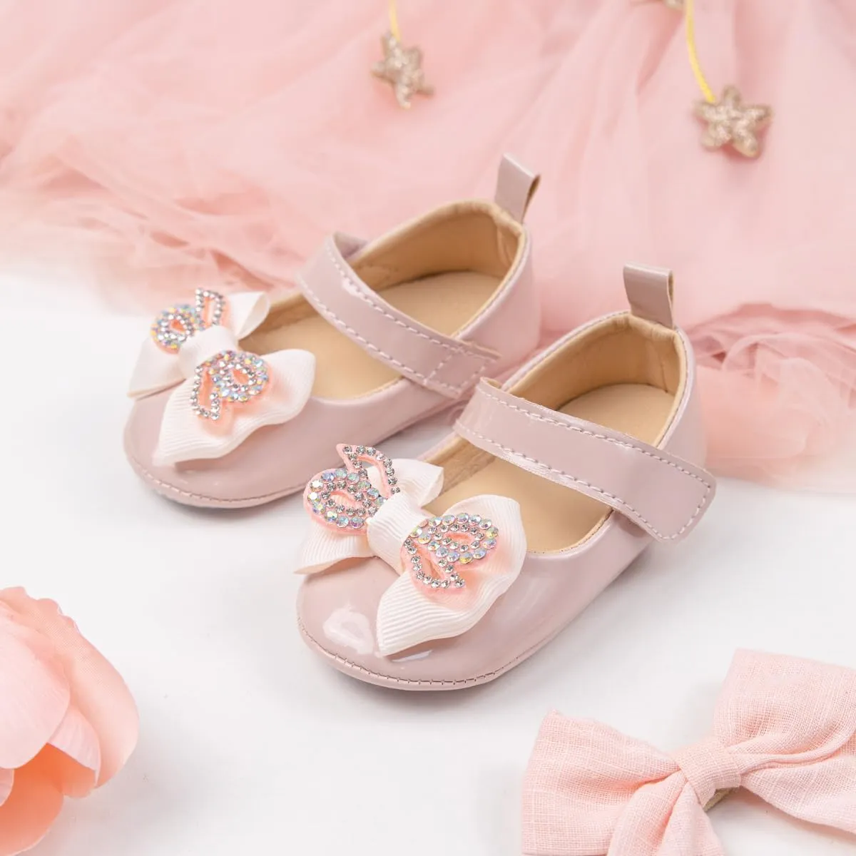 Oamico Infant Baby Girls Mary Jane Flats Non Slip Rubber Sole with Bownot Toddler First Walkers Princess Wedding Dress Shoes