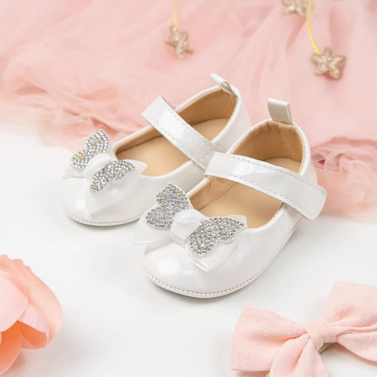 Oamico Infant Baby Girls Mary Jane Flats Non Slip Rubber Sole with Bownot Toddler First Walkers Princess Wedding Dress Shoes