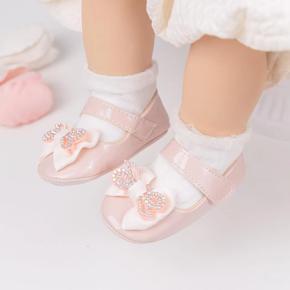 Oamico Infant Baby Girls Mary Jane Flats Non Slip Rubber Sole with Bownot Toddler First Walkers Princess Wedding Dress Shoes