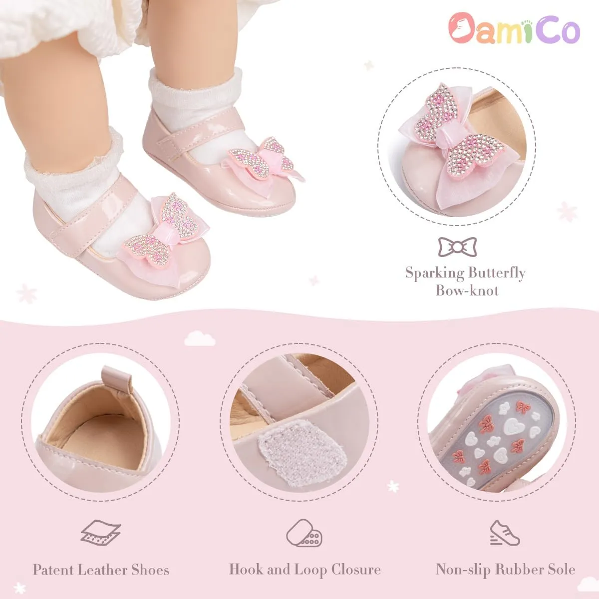 Oamico Infant Baby Girls Mary Jane Flats Non Slip Rubber Sole with Bownot Toddler First Walkers Princess Wedding Dress Shoes