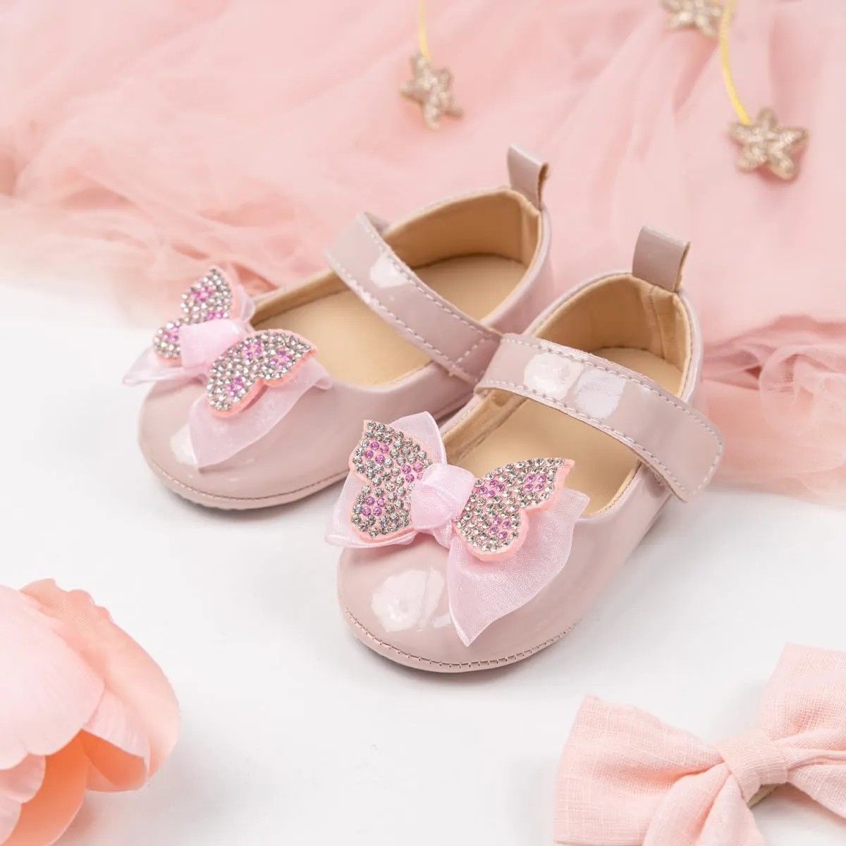 Oamico Infant Baby Girls Mary Jane Flats Non Slip Rubber Sole with Bownot Toddler First Walkers Princess Wedding Dress Shoes