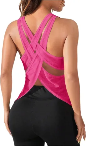 OYOANGLE Women's Sports Workout Tops Open Back Running Tank Top Racerback Casual Yoga Athletic Shirts