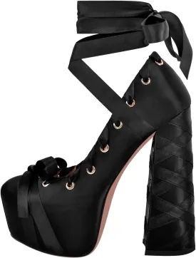 Platform Heels Chunky Bow Ribbon Pumps