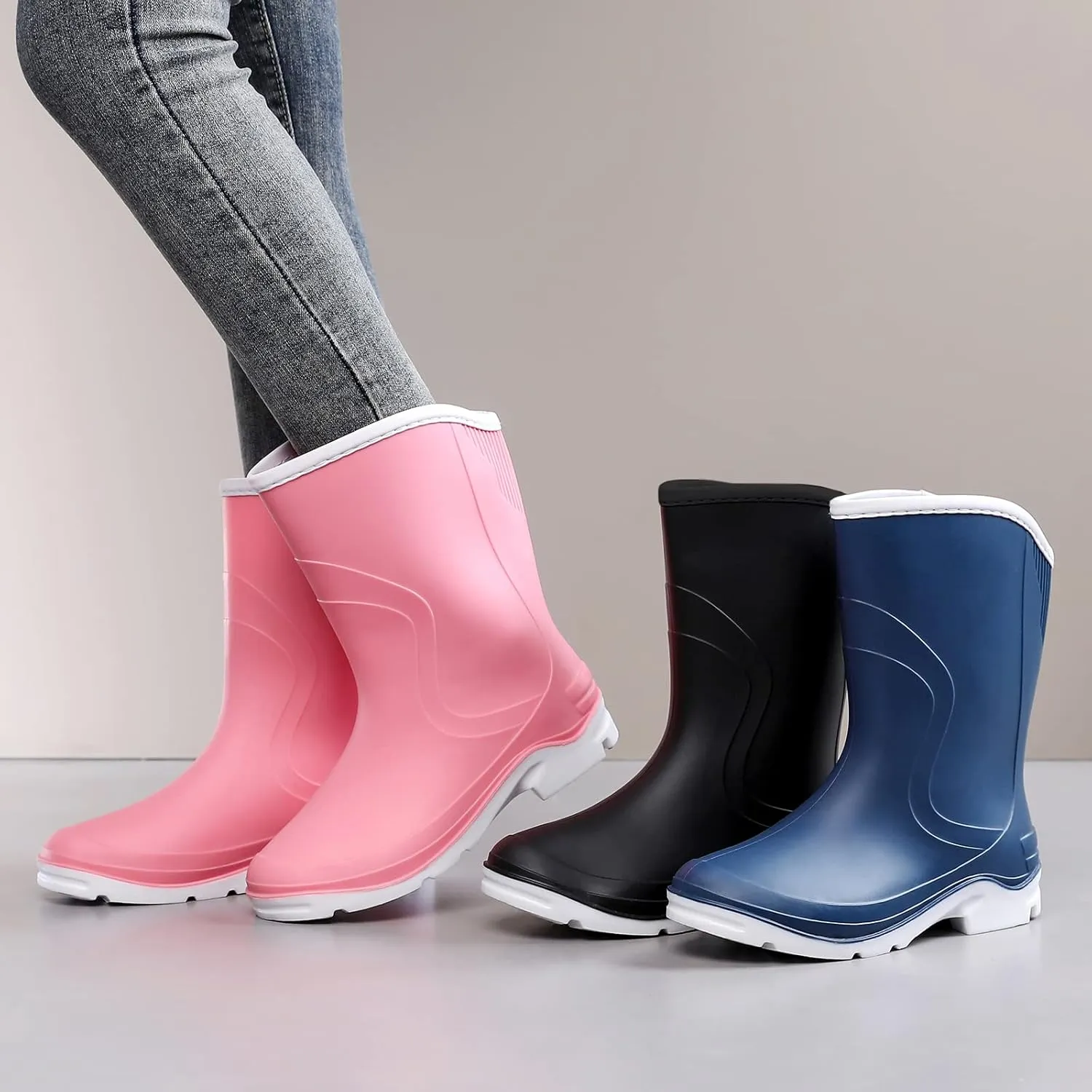 Rain Boots for WomenWaterproof Garden Rubber Boots, Non-slip Width Mid-Calf Comfort Short Boots, Ankle Rainboots Boots, Lightweight Platform Mud Boots Water Shoes for Outdoor Working Fishing