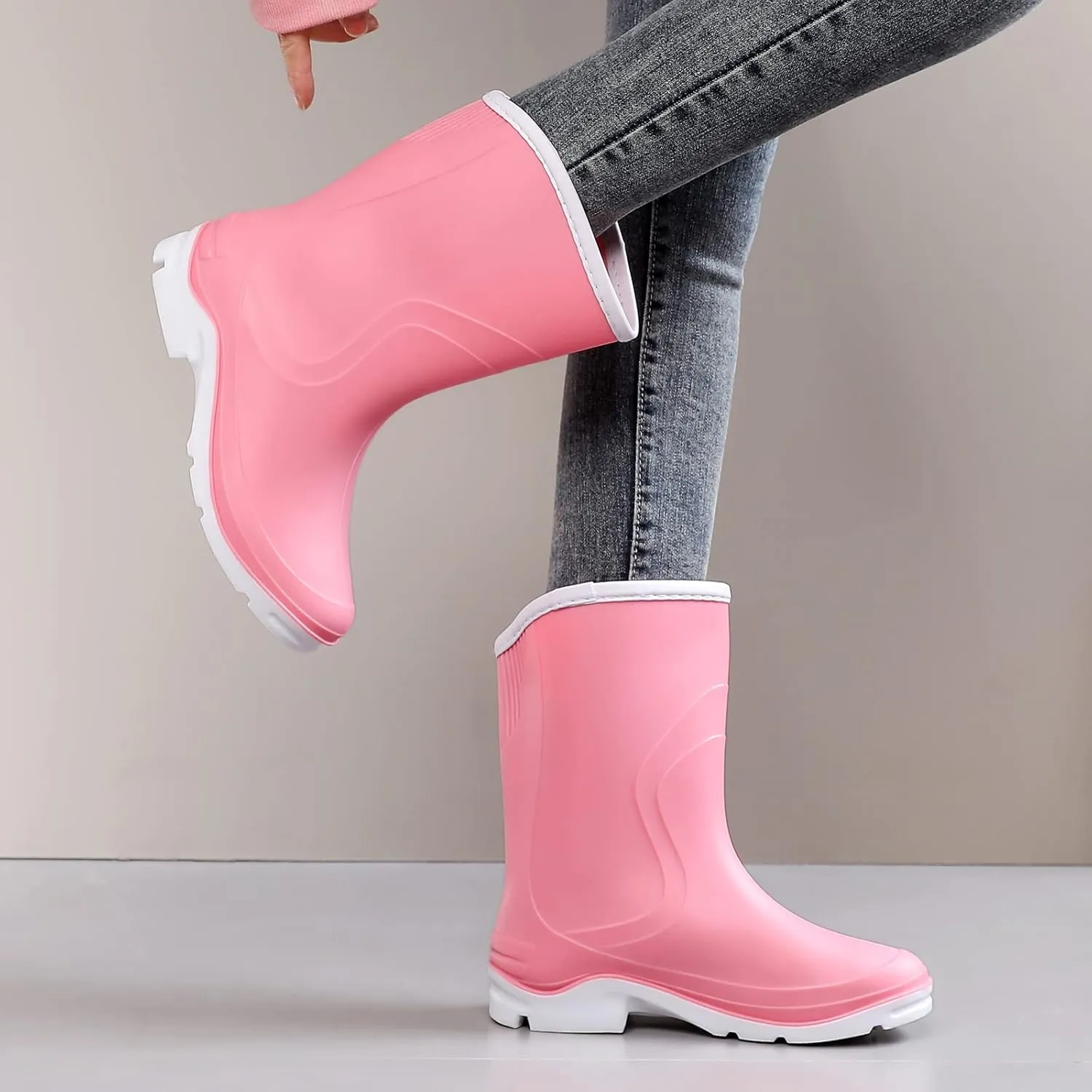 Rain Boots for WomenWaterproof Garden Rubber Boots, Non-slip Width Mid-Calf Comfort Short Boots, Ankle Rainboots Boots, Lightweight Platform Mud Boots Water Shoes for Outdoor Working Fishing
