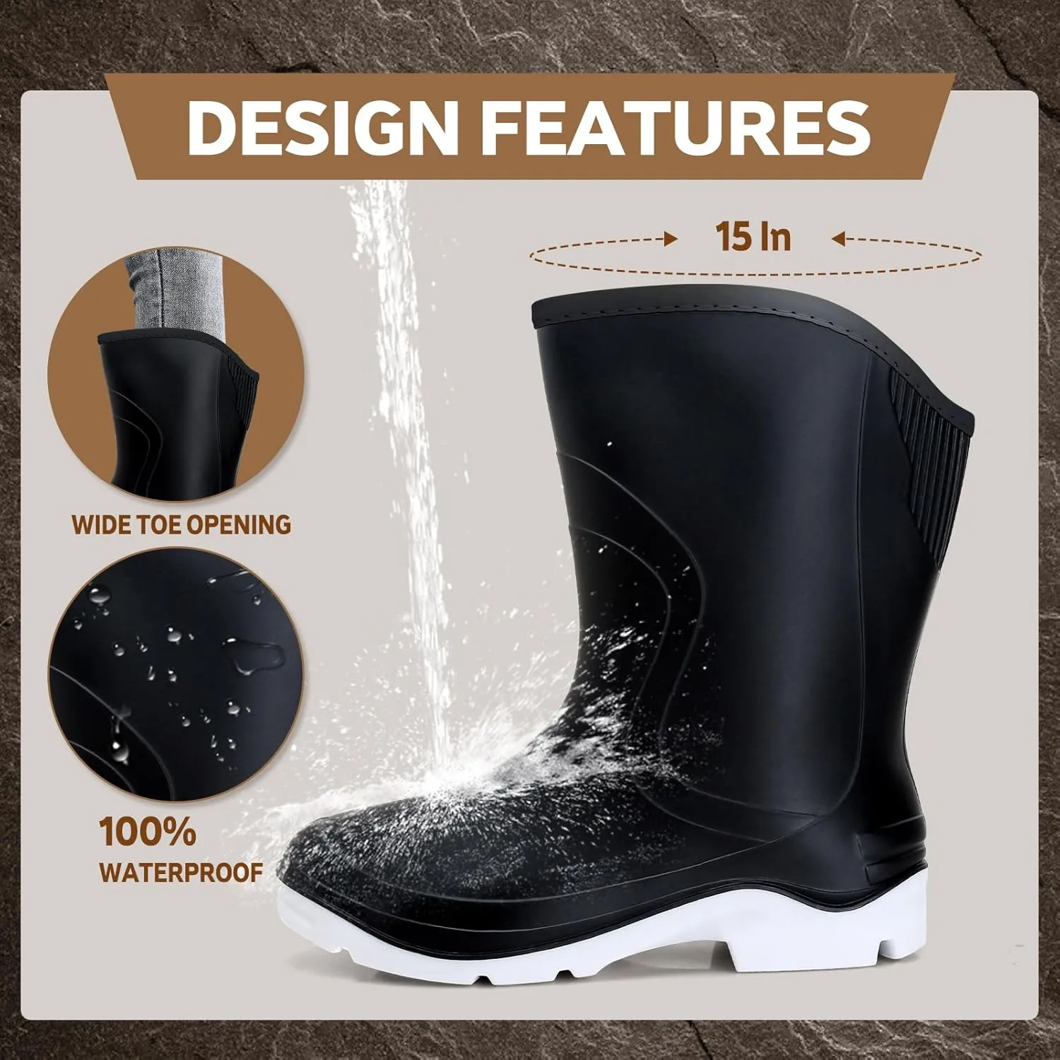 Rain Boots for WomenWaterproof Garden Rubber Boots, Non-slip Width Mid-Calf Comfort Short Boots, Ankle Rainboots Boots, Lightweight Platform Mud Boots Water Shoes for Outdoor Working Fishing