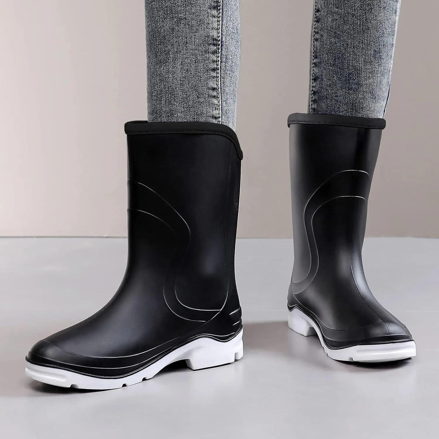 Rain Boots for WomenWaterproof Garden Rubber Boots, Non-slip Width Mid-Calf Comfort Short Boots, Ankle Rainboots Boots, Lightweight Platform Mud Boots Water Shoes for Outdoor Working Fishing