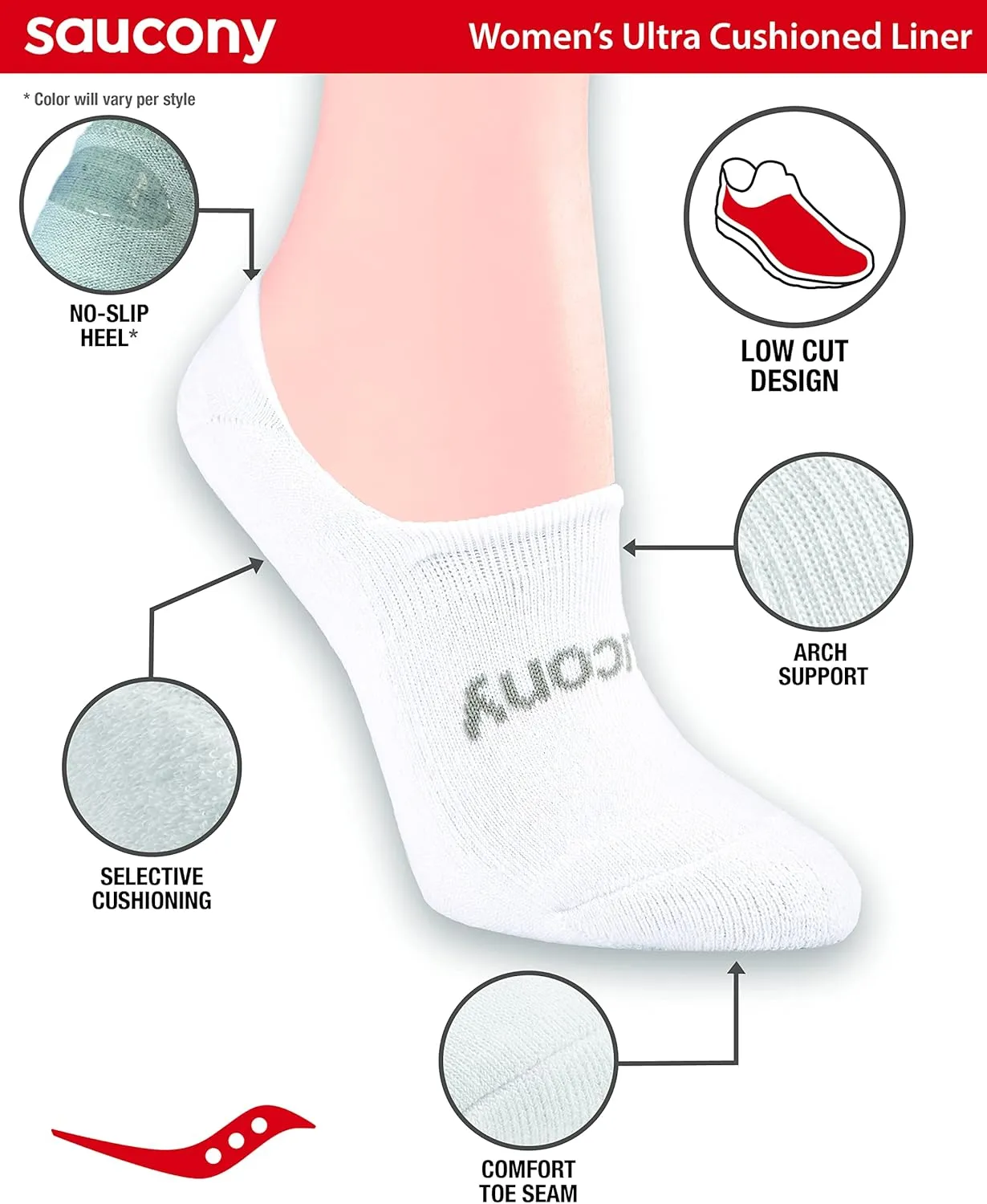 Saucony Women's No Show Cushioned Invisible Liner Socks, Available in S-L (8, 16 Pairs)