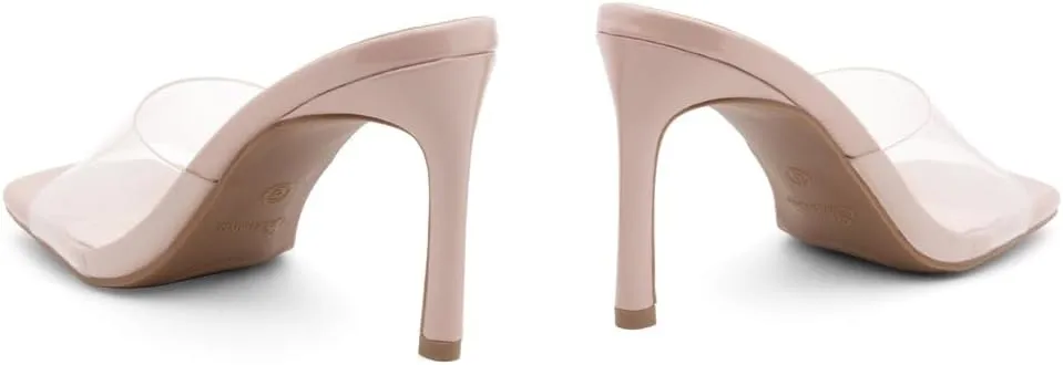 Shoe Land Melrose Women's High Heels Stiletto Heeled Slides, Square Open Toe One Band Slip-On Heeled Mules  Dressy Clear Heeled Sandals for Prom Party Wedding and Vacation