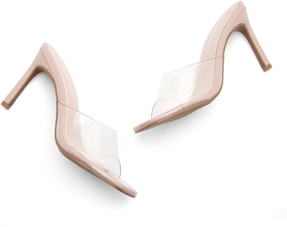 Shoe Land Melrose Women's High Heels Stiletto Heeled Slides, Square Open Toe One Band Slip-On Heeled Mules  Dressy Clear Heeled Sandals for Prom Party Wedding and Vacation