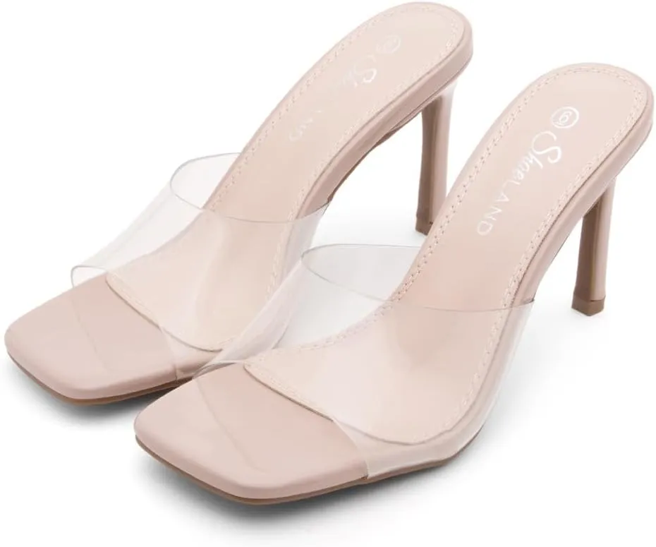 Shoe Land Melrose Women's High Heels Stiletto Heeled Slides, Square Open Toe One Band Slip-On Heeled Mules  Dressy Clear Heeled Sandals for Prom Party Wedding and Vacation
