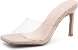 Shoe Land Melrose Women's High Heels Stiletto Heeled Slides, Square Open Toe One Band Slip-On Heeled Mules  Dressy Clear Heeled Sandals for Prom Party Wedding and Vacation