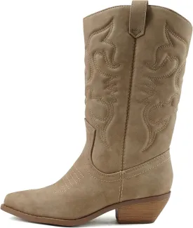 Soda RENO ~ Women Western Cowboy Stitched Pointe Toe Low Heel Ankle Mid Shaft Fashion Boots